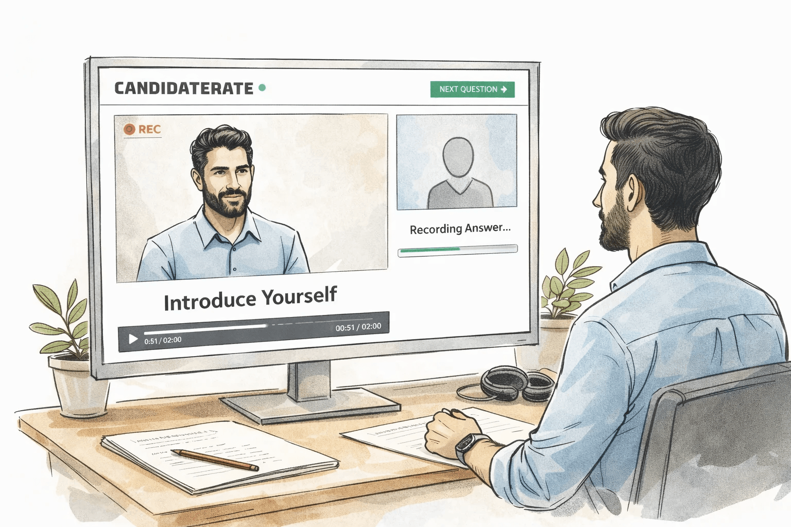 Recruiter reviewing candidate video interview responses during screening